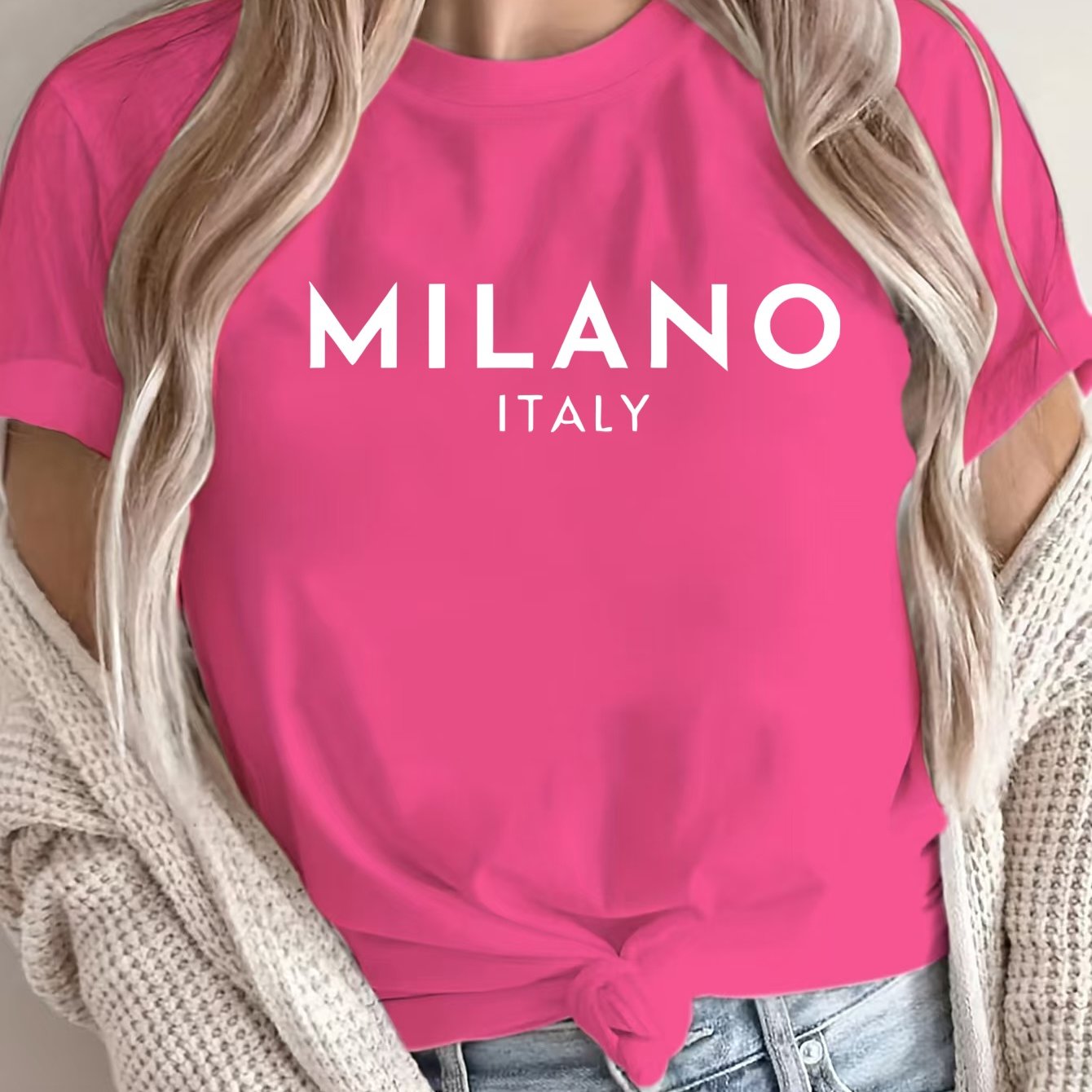 MILANO ™️ Women's Casual Polyester T-Shirt with "Milano Italy" Letter Print, Short Sleeve Crew Neck Top, All-Season Knit Fabric Tee, Regular Length - 180gsm