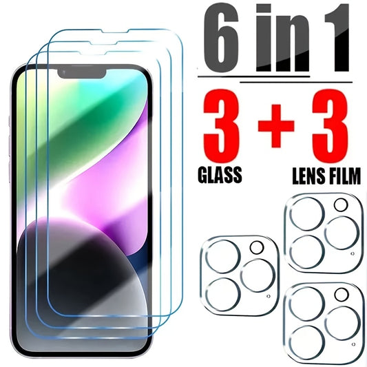 EASY™️6pcs for iPhone 11/12/13/14/15/16 Pro Max Special 3pcs tempered glass screen protector and 3pcs camera lens protection set - high-definition transparent, full coverage, oil-proof matte