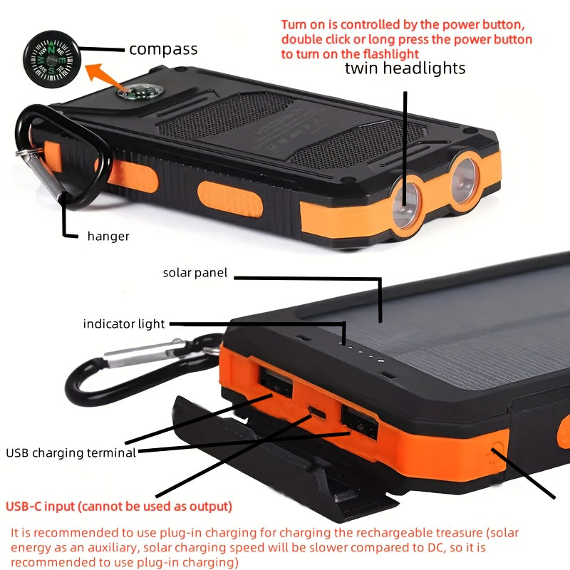 PORTABLE™ 10000 MAh Solar Mobile Power With Flashlight/ USB
