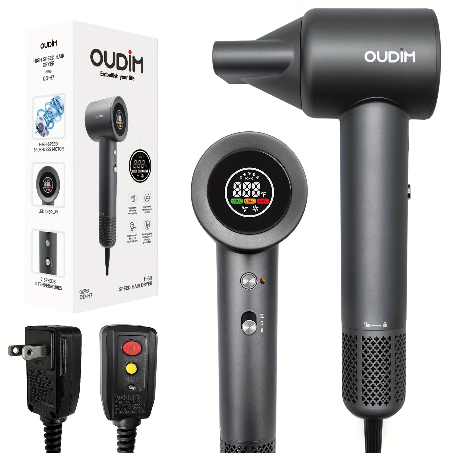 Oudif ™️Professional High-Speed Ionic Hair Dryer, 110000 RPM Brushless Motor, 4 Temperature Settings with LED Display, 2 Speed/Cold Options, Quiet Operation, Ergonomic Handle, US Plug –