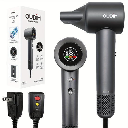 Oudif ™️Professional High-Speed Ionic Hair Dryer, 110000 RPM Brushless Motor, 4 Temperature Settings with LED Display, 2 Speed/Cold Options, Quiet Operation, Ergonomic Handle, US Plug –