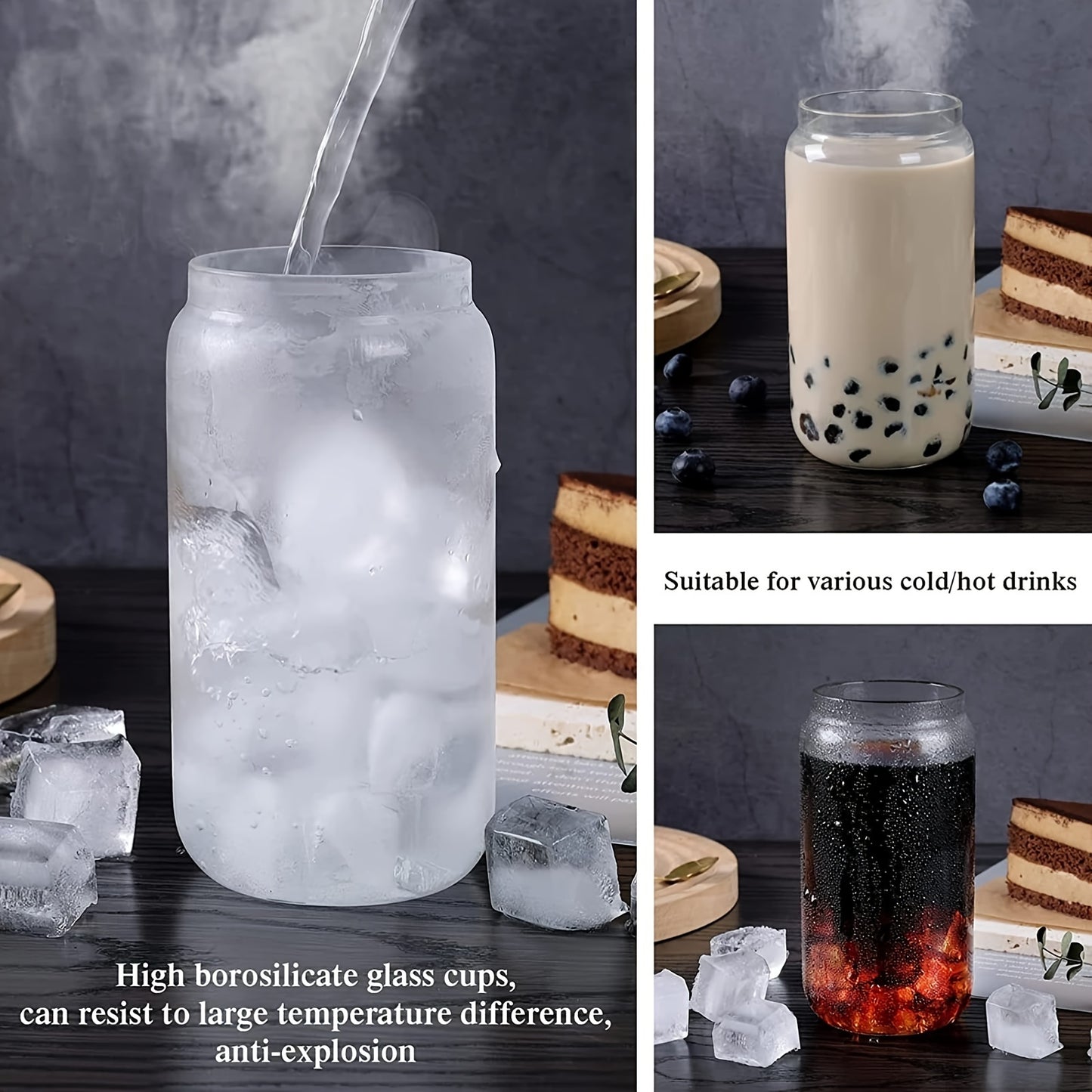 Drinking Glasses With Bamboo Lids And Glass Straw, Can Shaped Glass Cups Beer, Ice Coffee Glasses Cute Tumbler Cup Great For Soda Boba Tea Cocktail