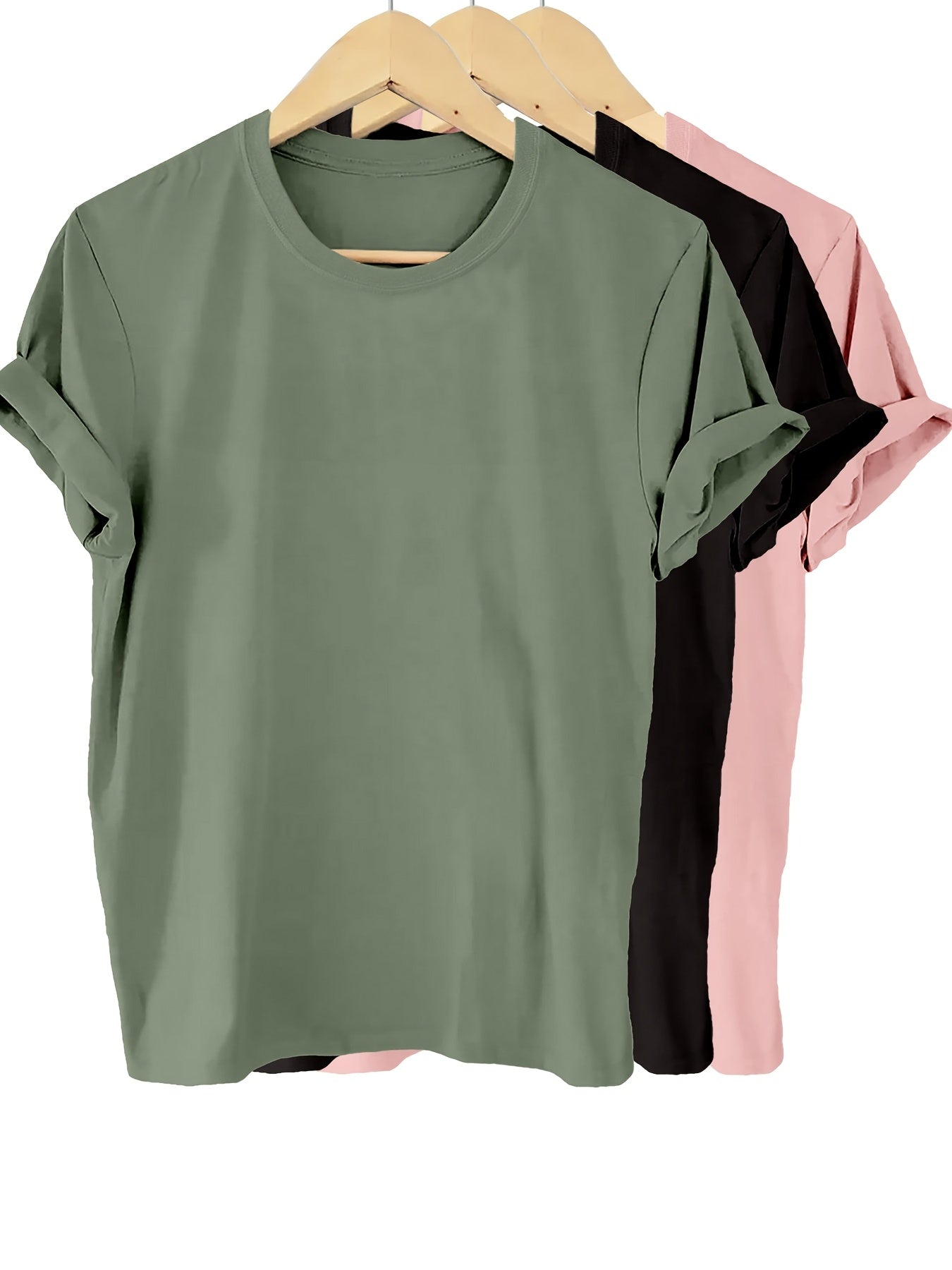 3pcs sister™️ Women's t shirts Solid Color 100% T-shirt, Summer And Spring Short Sleeved Round Neck Casual Top, Women's Clothing