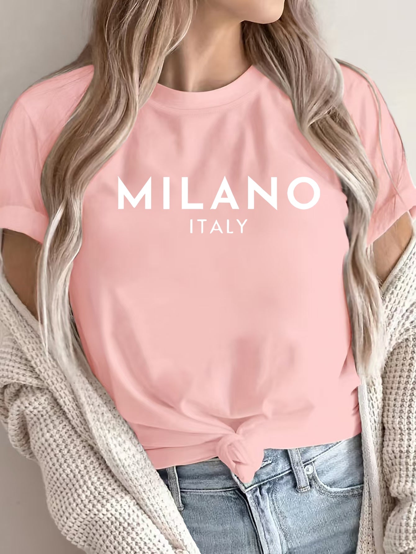 MILANO ™️ Women's Casual Polyester T-Shirt with "Milano Italy" Letter Print, Short Sleeve Crew Neck Top, All-Season Knit Fabric Tee, Regular Length - 180gsm
