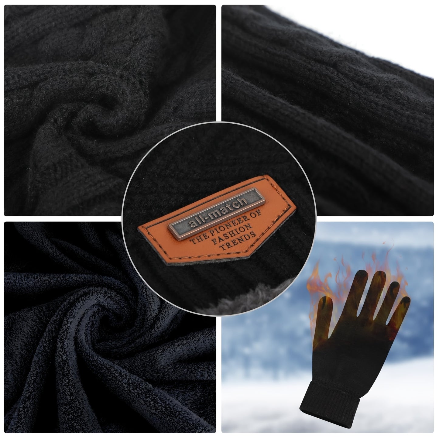 INTERWARM™ 3pcs Men /women Winter Essentials Set: Hat Scarf Gloves Slouchy Beanie Snow Knit Skull Cap Tuch Screen