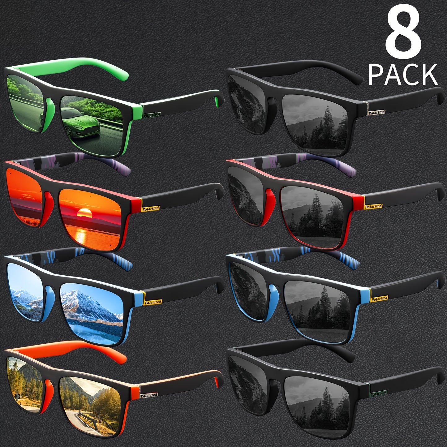 CLOUDY™️8pcs Men's Sunglasses - Vibrant Eyewear, Travel & Daily Wear, Durable PC Frame, Retro Style, with Colorful Scenic Lenses,