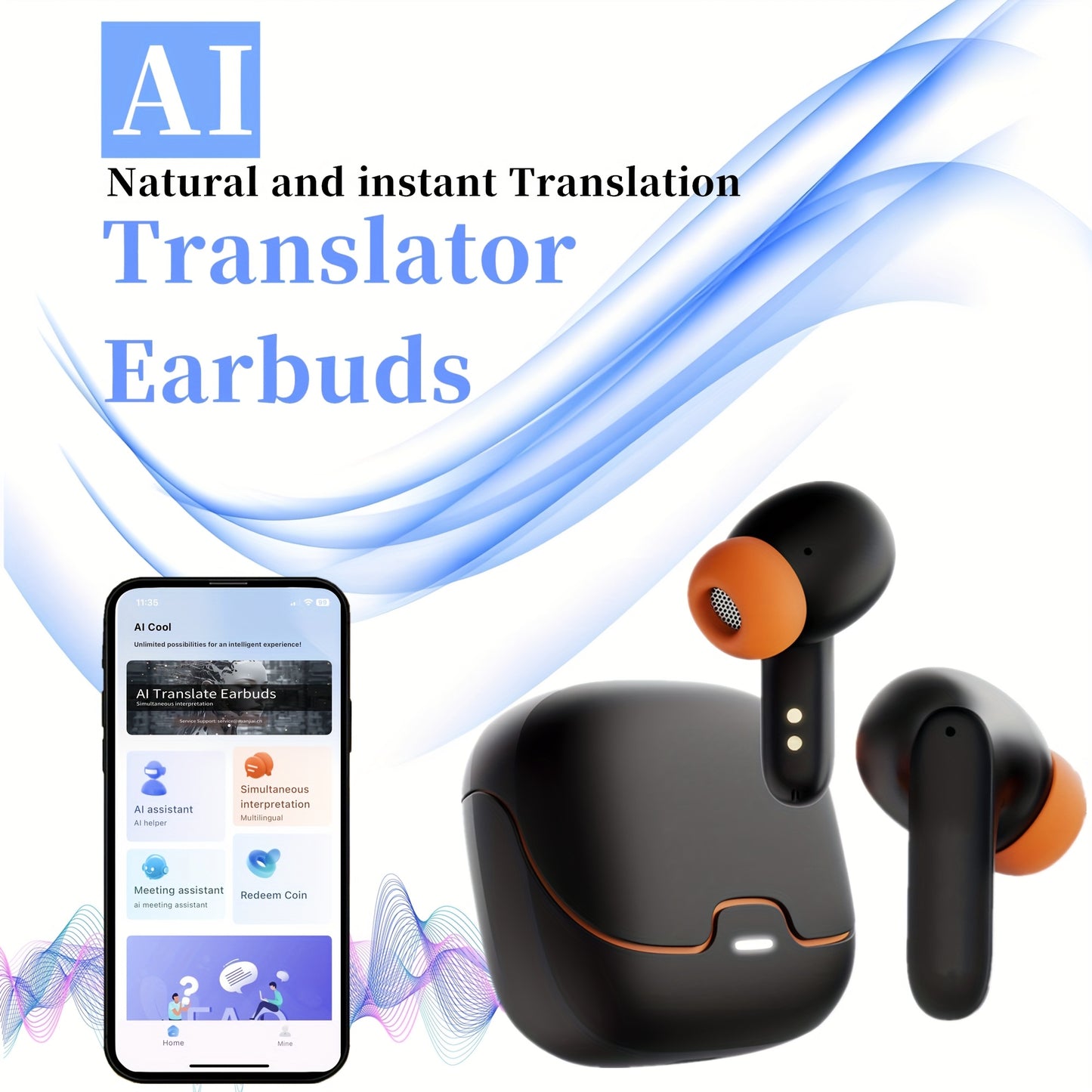 BOOM BOX™️AI Translation Smart Earbuds with 140+ Language Support, ENC Noise-Canceling, Wireless TWS Headphones, Long Battery Life, Music & Call Playback - Black & Orange, Type-C Charging Case Included