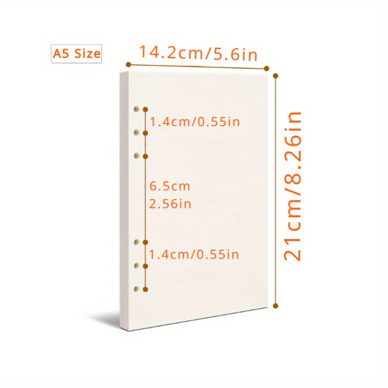 6-hole punched A5 horizontal line, A5 blank paper, loose-leaf calendar notepad, 45 sheets/1 book 5.6x8.3 inches, ivory white
