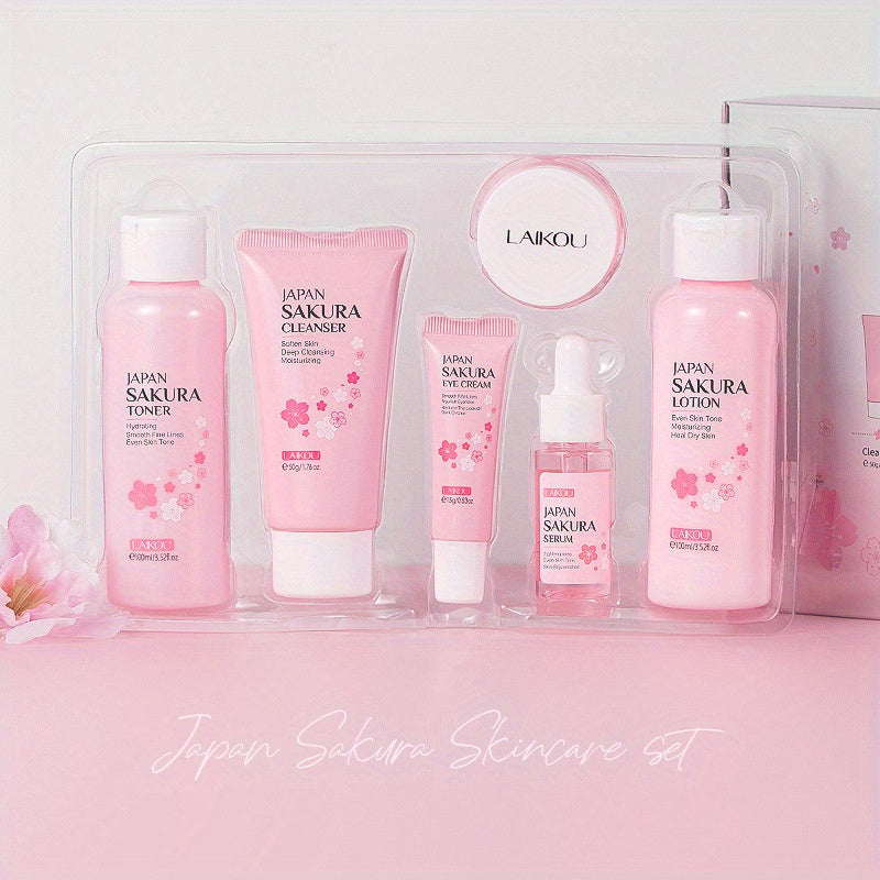 6PCS JAPAN SAKURA ™ Skincare Gift Set, Cleanser, Toner, Lotion, Essence, Eye Cream, Serum - For All Skin Types, For Women and Girls