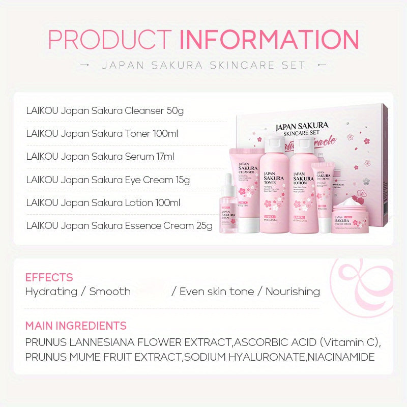 6PCS JAPAN SAKURA ™ Skincare Gift Set, Cleanser, Toner, Lotion, Essence, Eye Cream, Serum - For All Skin Types, For Women and Girls