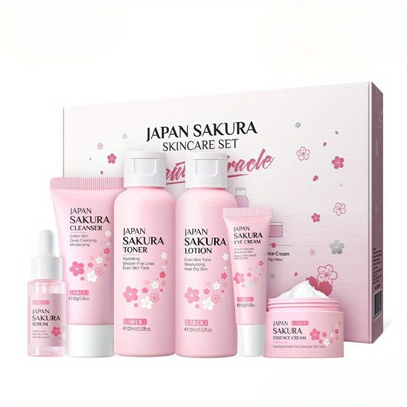6PCS JAPAN SAKURA ™ Skincare Gift Set, Cleanser, Toner, Lotion, Essence, Eye Cream, Serum - For All Skin Types, For Women and Girls