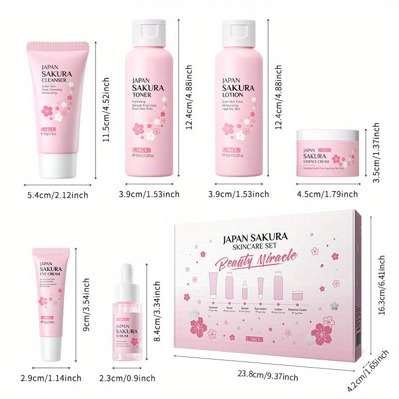 6PCS JAPAN SAKURA ™ Skincare Gift Set, Cleanser, Toner, Lotion, Essence, Eye Cream, Serum - For All Skin Types, For Women and Girls