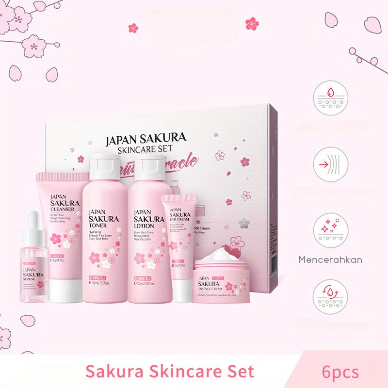 6PCS JAPAN SAKURA ™ Skincare Gift Set, Cleanser, Toner, Lotion, Essence, Eye Cream, Serum - For All Skin Types, For Women and Girls