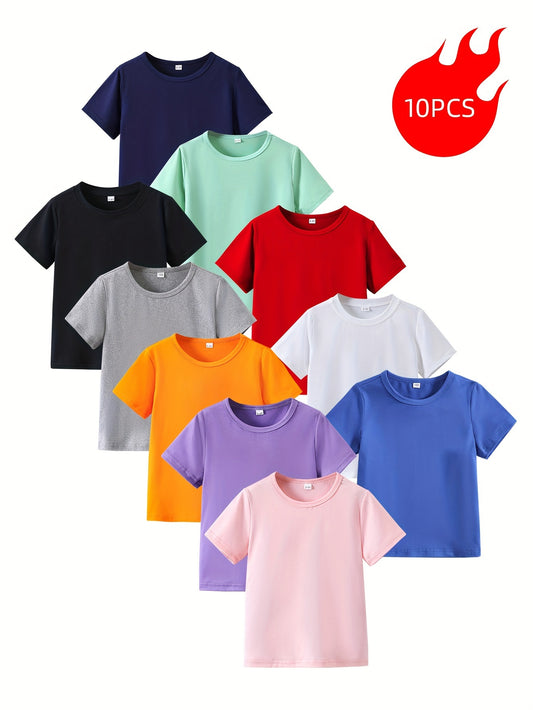 10-Pack Youth Summer Solid Color Crew Neck Tees, Casual Style Polyester Blend (95% Polyester, 5% Spandex) with Slight Stretch, Knit Short Sleeve Shirts for Ages 12 and Under
