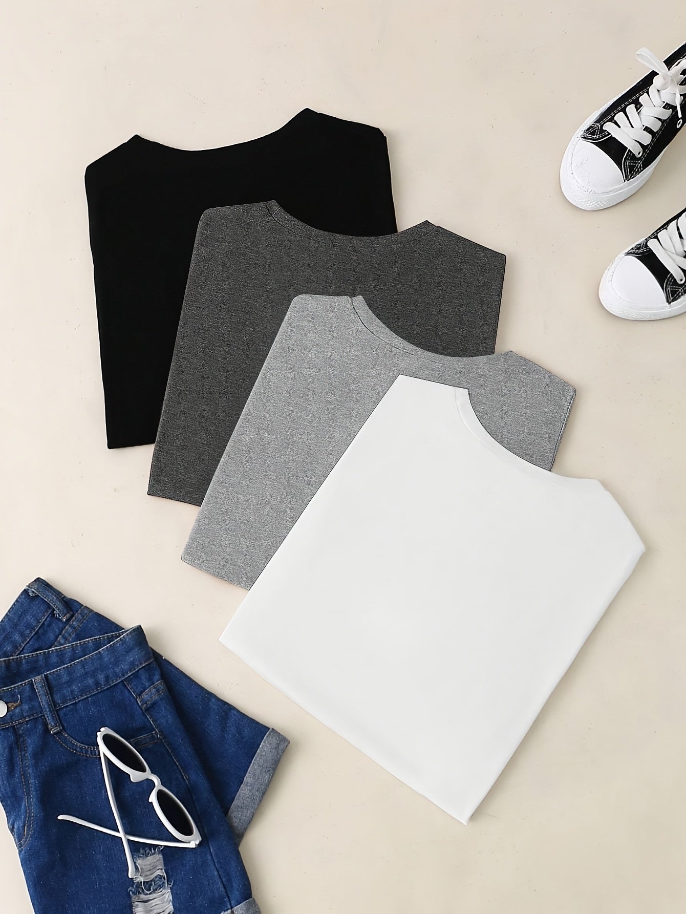 ALL DAY™️ WOMENS T SHIRTS Solid Casual T-Shirt4pcs Solid Casual Crew Neck Short Sleeve T-Shirt - Women's Clothing for Spring & Summer