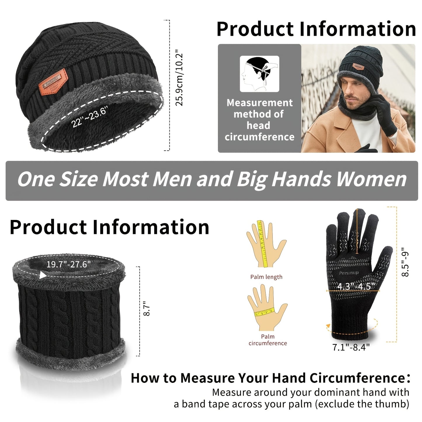 INTERWARM™ 3pcs Men /women Winter Essentials Set: Hat Scarf Gloves Slouchy Beanie Snow Knit Skull Cap Tuch Screen