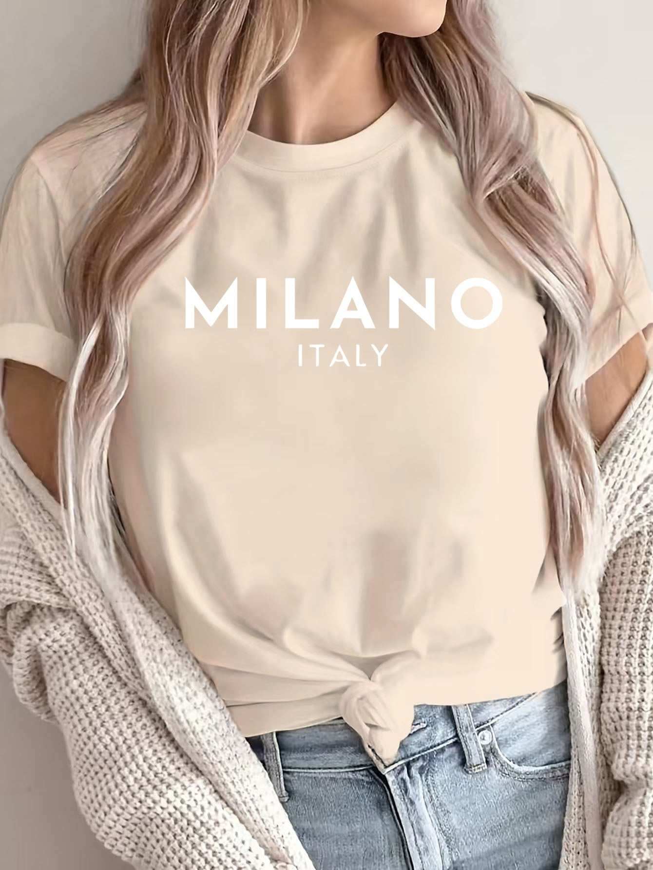MILANO ™️ Women's Casual Polyester T-Shirt with "Milano Italy" Letter Print, Short Sleeve Crew Neck Top, All-Season Knit Fabric Tee, Regular Length - 180gsm