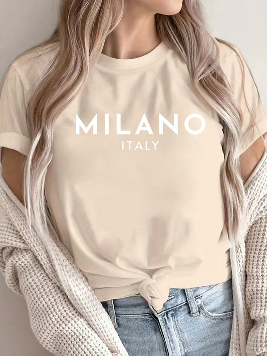 MILANO ™️ Women's Casual Polyester T-Shirt with "Milano Italy" Letter Print, Short Sleeve Crew Neck Top, All-Season Knit Fabric Tee, Regular Length - 180gsm