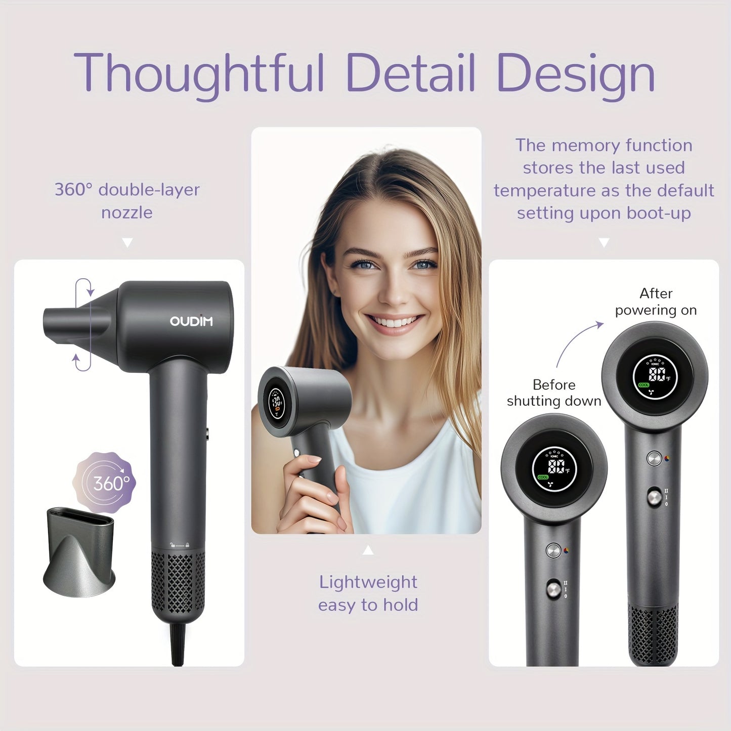 Oudif ™️Professional High-Speed Ionic Hair Dryer, 110000 RPM Brushless Motor, 4 Temperature Settings with LED Display, 2 Speed/Cold Options, Quiet Operation, Ergonomic Handle, US Plug –