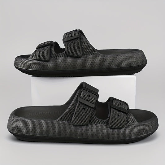 TEVA ™ [Non-Slip Comfortable EVA Slides] Non-Slip Comfortable Men's Black EVA Slides - Buckle Decor Flat Sandals for Casual Attire, All-Season Strappy Sandals