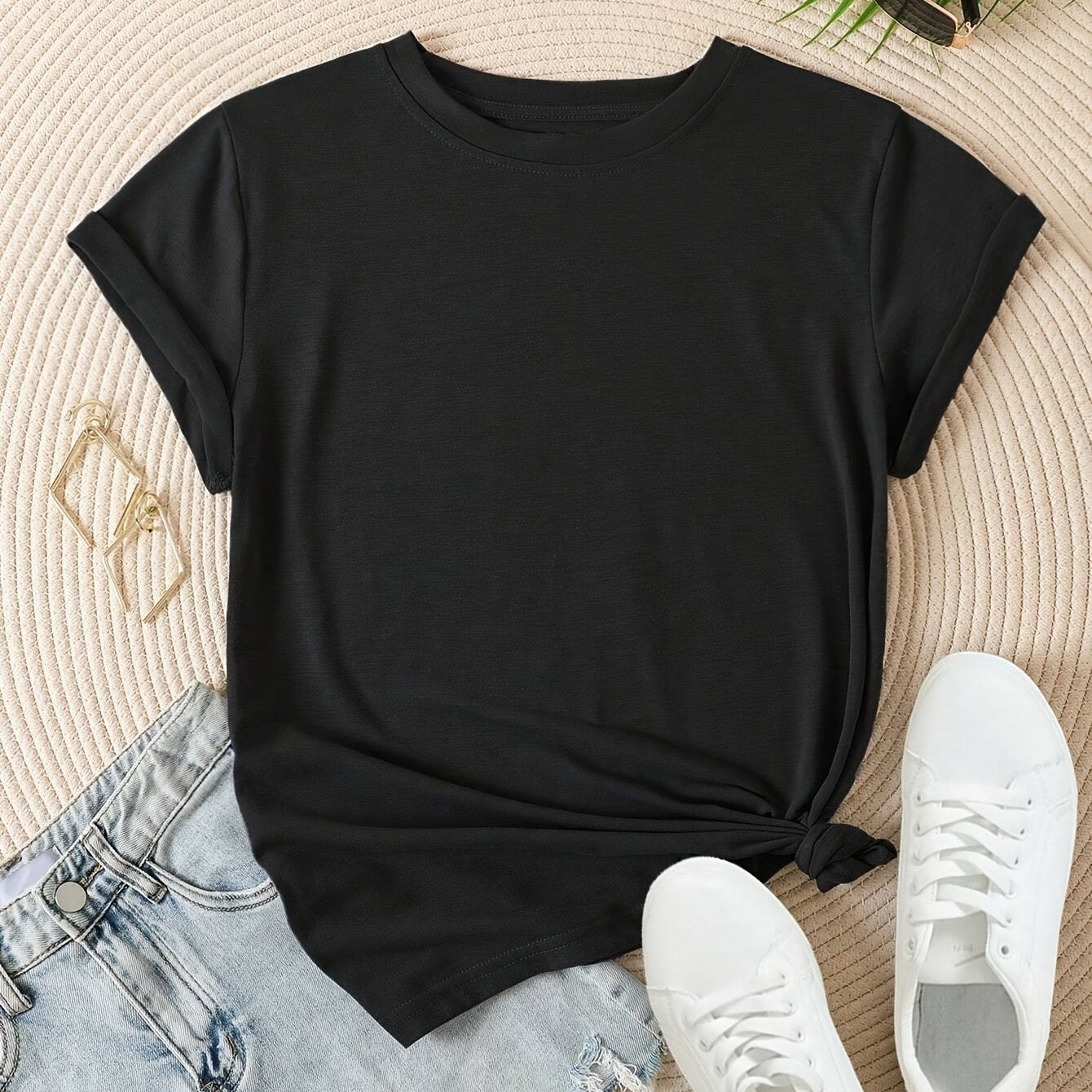 JUSTA™️Women's shorts sleeve Summer Essential 100% Polyester Short Sleeve T-Shirt - Classic Black Crew Neck for Women, Knot Detail, Machine Washable & Dry Cleanable
