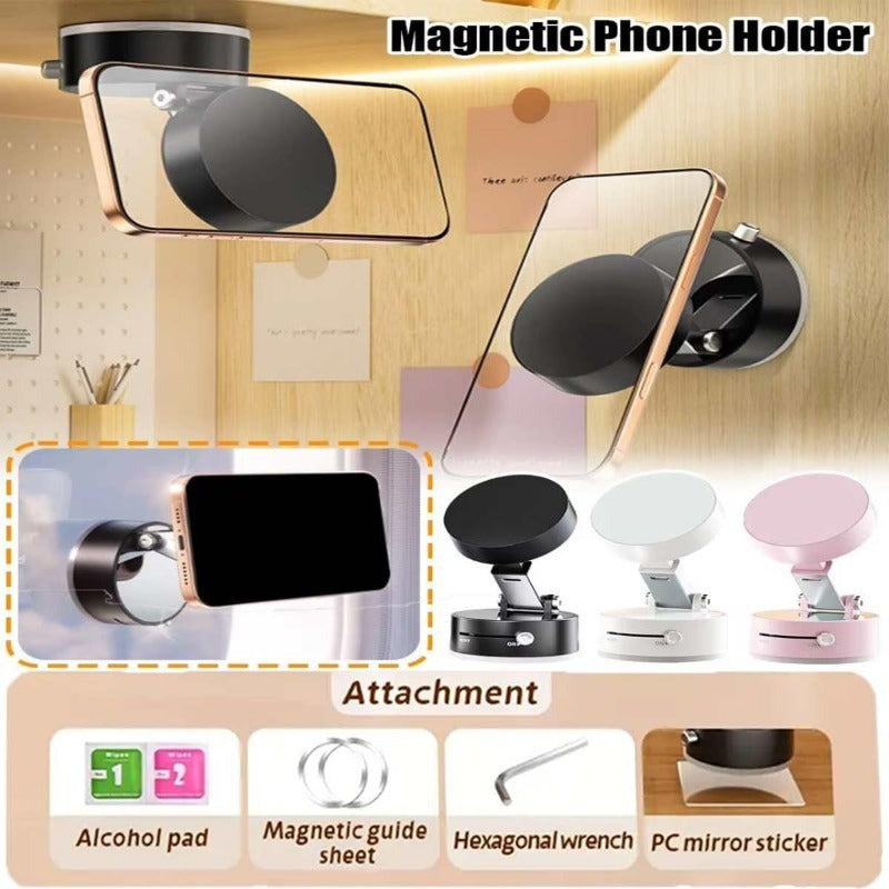 MAGNETIC™️Phone Holder Versatile Foldable Magnetic Vacuum Suction Cup Holder - Hands-Free, Adjustable Metal Mount for Cars, Kitchens, Bathrooms & More - Strong Hold without Battery or Electricity Needed