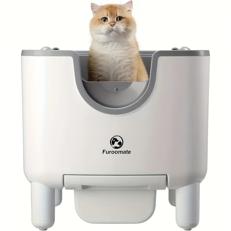 FUROOMATE™️ Open-Top Self-Cleaning Cat Litter Box, Automatic Design with Built-in Scale, Easy Maintenance & Odor Control, Indoor Use, Supports Up to 180 lbs, White, Automatic Cat Litter Box