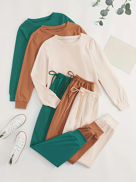 SORAYA™ Women's 6pcs Athletic Set: Long Sleeve & Pants in Teal, Peach, and Brown - Soft Polyester, Round Neck, Machine Washable - Stylish and Comfortable Sportswear