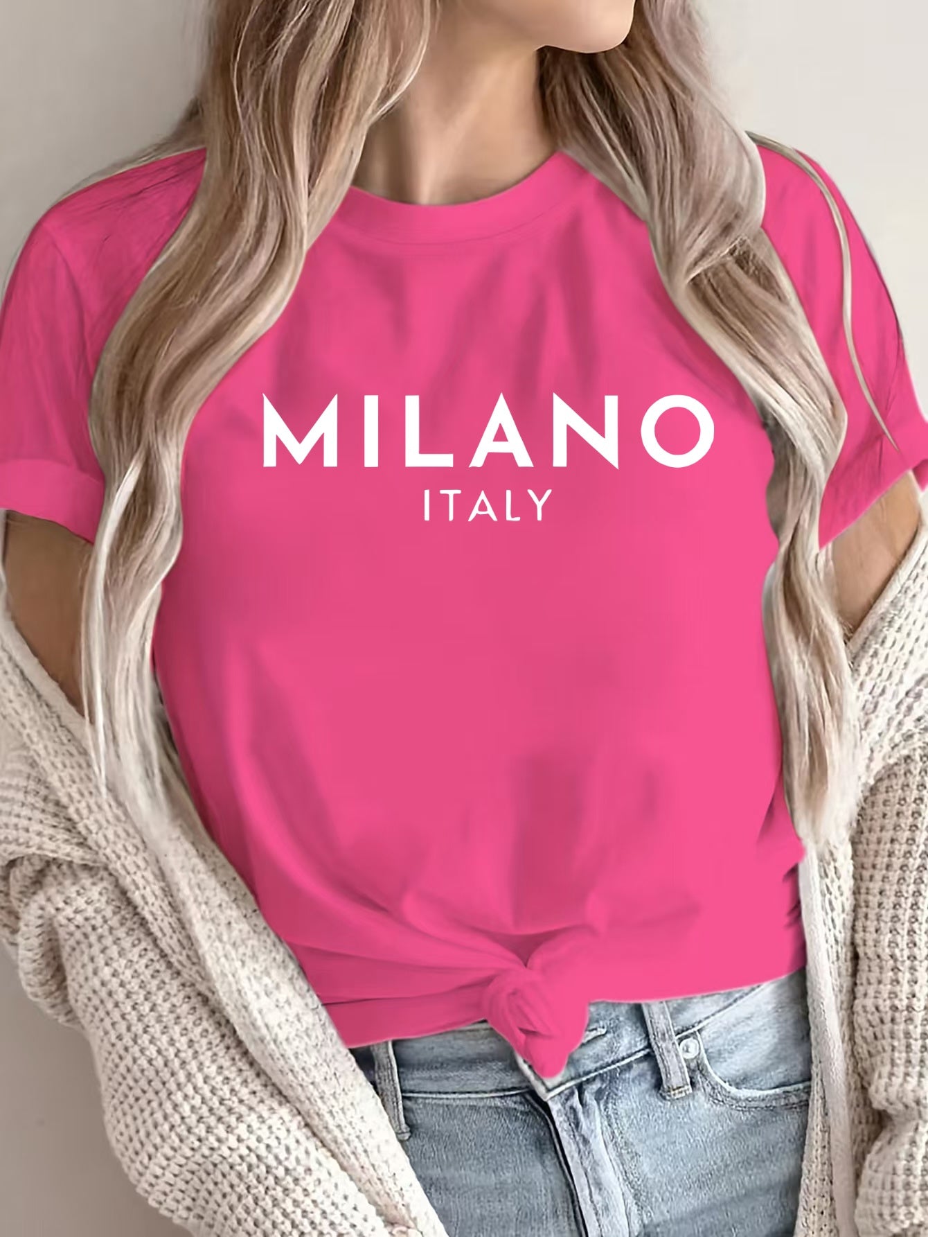 MILANO ™️ Women's Casual Polyester T-Shirt with "Milano Italy" Letter Print, Short Sleeve Crew Neck Top, All-Season Knit Fabric Tee, Regular Length - 180gsm