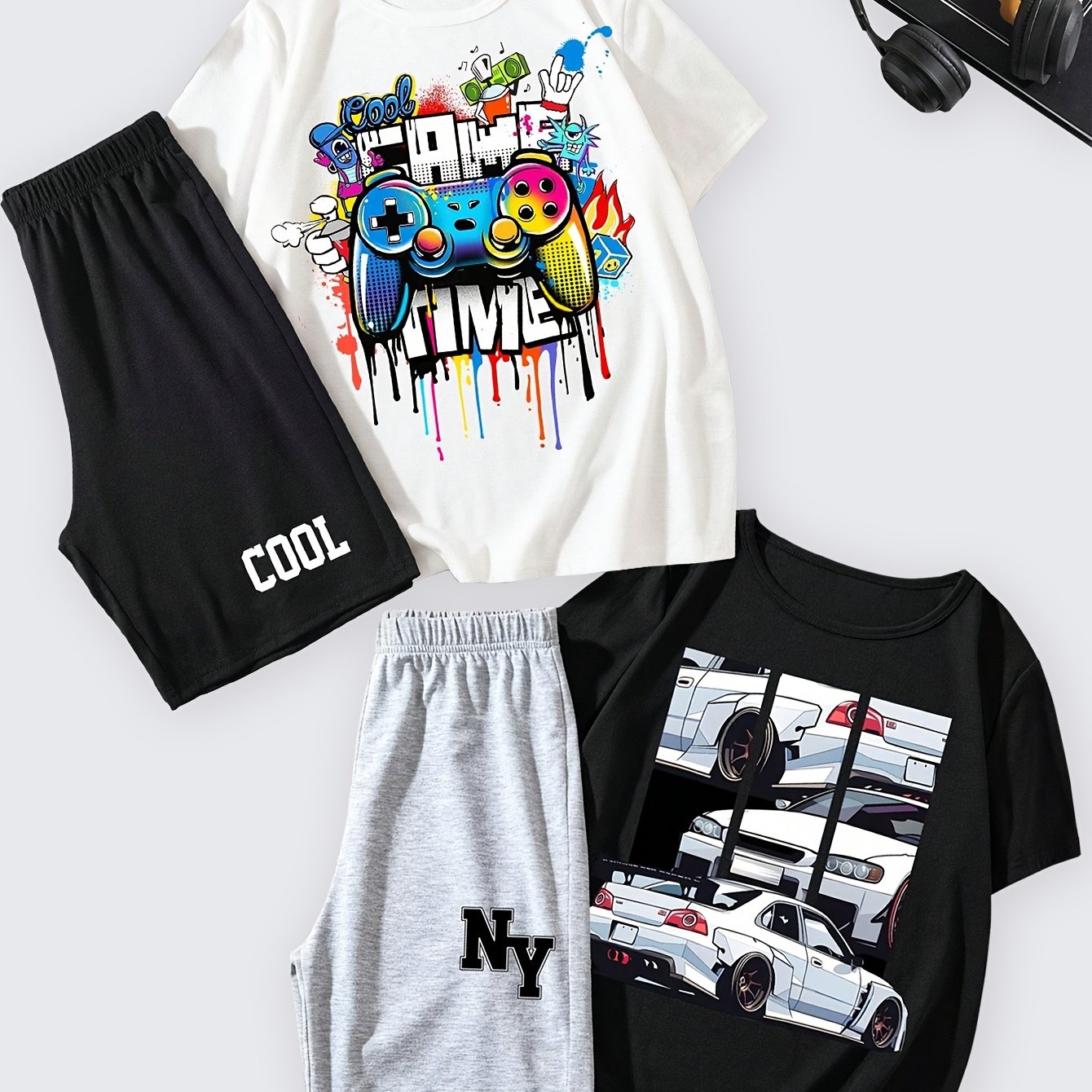 FORTH™️4pcs Boy Casual Outfit Set - Vibrant Graffiti & "COOL" Printed T-Shirts and Shorts, 100% Polyester, Round Neck, Spring/Summer Collection, Tween Boy Clothes, Perfect for Outdoor