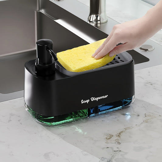 DISHWELL™ 4-In-1 Dish Soap Dispenser Set with Sponge Holder, Kitchen Countertop Bathroom Soap Dispenser, No-Bap Plastic, Freestanding, Battery-Free, Perfect Pumps, Leakproof,
