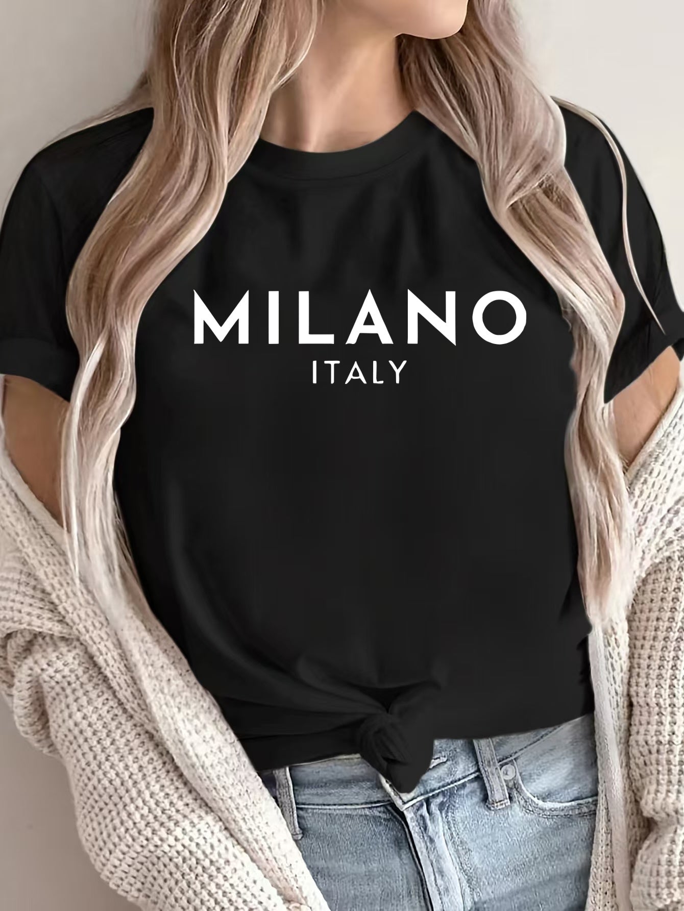 MILANO ™️ Women's Casual Polyester T-Shirt with "Milano Italy" Letter Print, Short Sleeve Crew Neck Top, All-Season Knit Fabric Tee, Regular Length - 180gsm