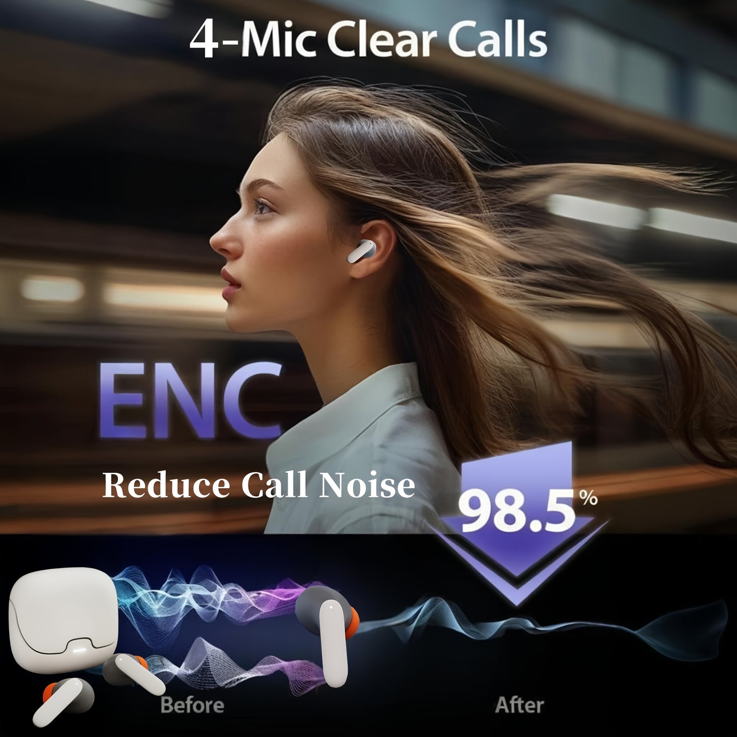BOOM BOX™️AI Translation Smart Earbuds with 140+ Language Support, ENC Noise-Canceling, Wireless TWS Headphones, Long Battery Life, Music & Call Playback - Black & Orange, Type-C Charging Case Included