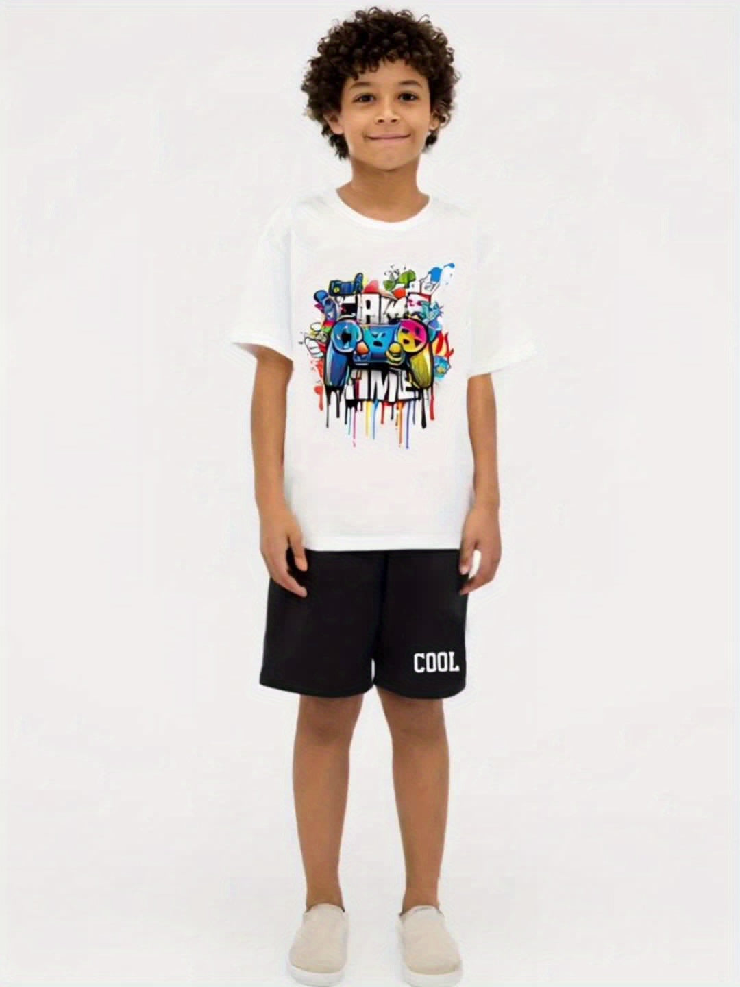 FORTH™️4pcs Boy Casual Outfit Set - Vibrant Graffiti & "COOL" Printed T-Shirts and Shorts, 100% Polyester, Round Neck, Spring/Summer Collection, Tween Boy Clothes, Perfect for Outdoor