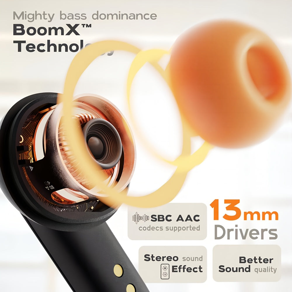 BOOM BOX™️AI Translation Smart Earbuds with 140+ Language Support, ENC Noise-Canceling, Wireless TWS Headphones, Long Battery Life, Music & Call Playback - Black & Orange, Type-C Charging Case Included