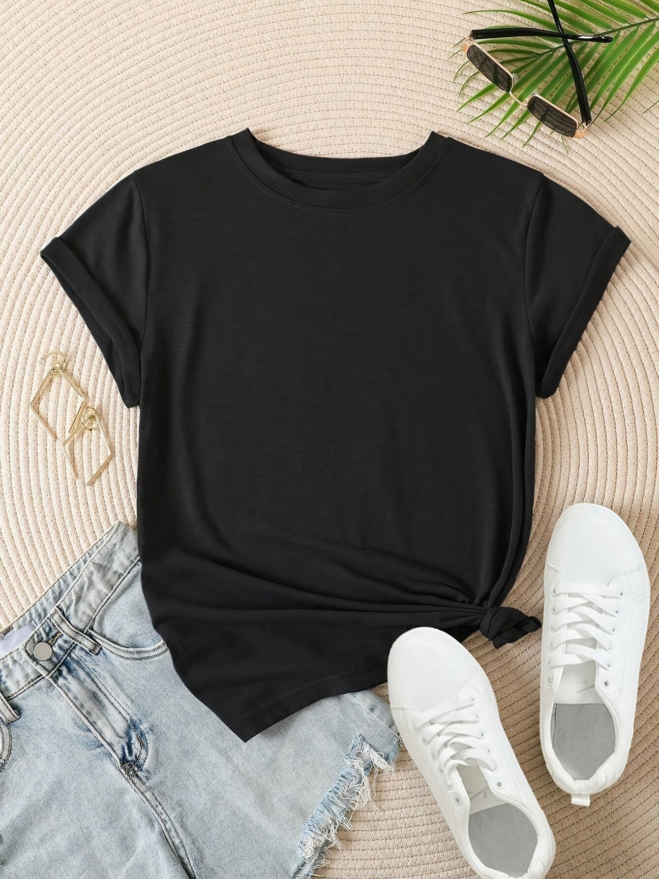 JUSTA™️Women's shorts sleeve Summer Essential 100% Polyester Short Sleeve T-Shirt - Classic Black Crew Neck for Women, Knot Detail, Machine Washable & Dry Cleanable