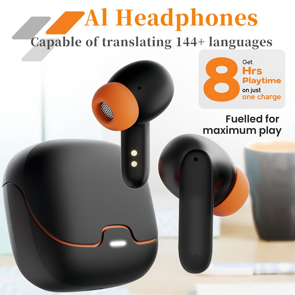 BOOM BOX™️AI Translation Smart Earbuds with 140+ Language Support, ENC Noise-Canceling, Wireless TWS Headphones, Long Battery Life, Music & Call Playback - Black & Orange, Type-C Charging Case Included