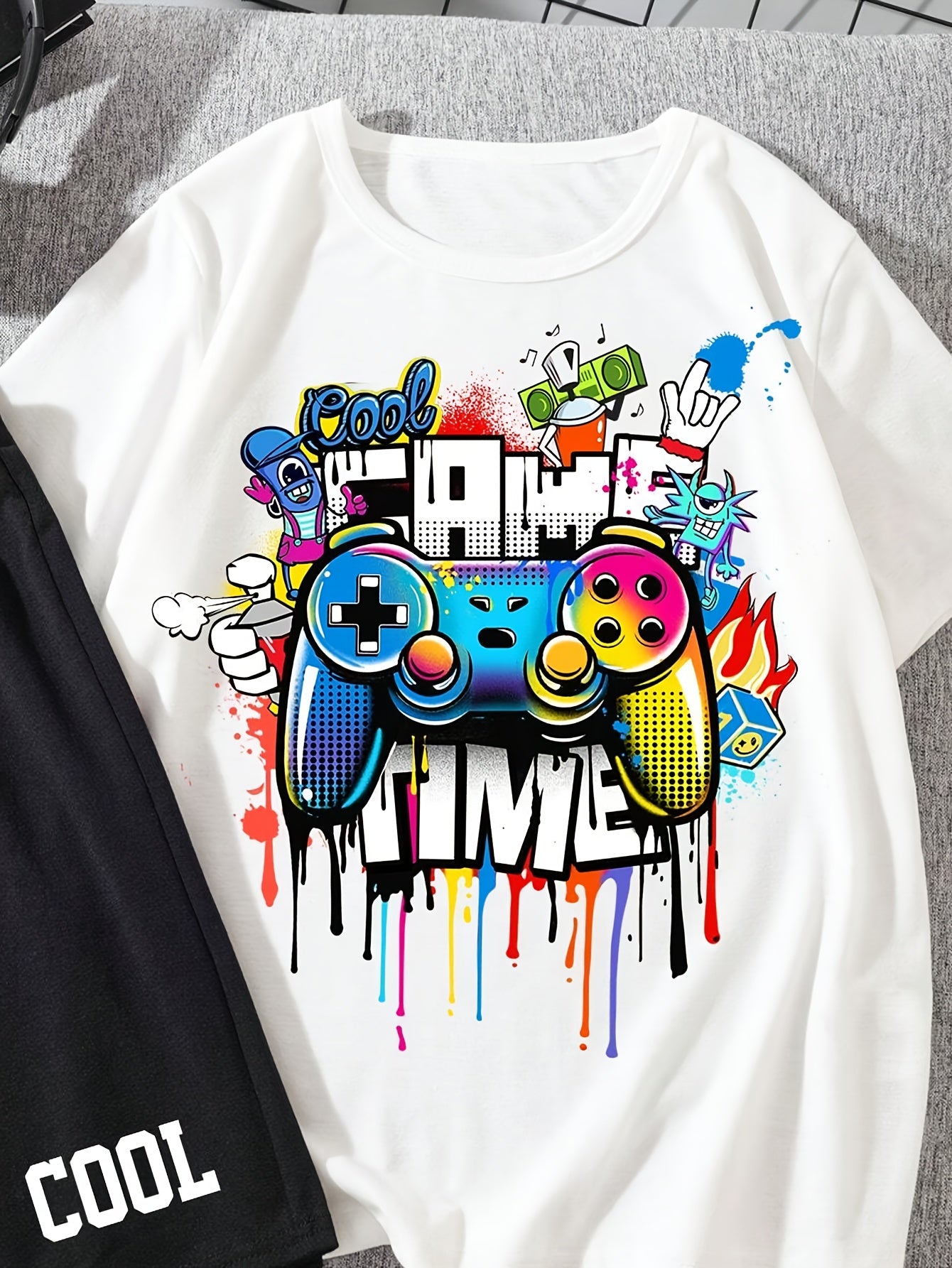 FORTH™️4pcs Boy Casual Outfit Set - Vibrant Graffiti & "COOL" Printed T-Shirts and Shorts, 100% Polyester, Round Neck, Spring/Summer Collection, Tween Boy Clothes, Perfect for Outdoor