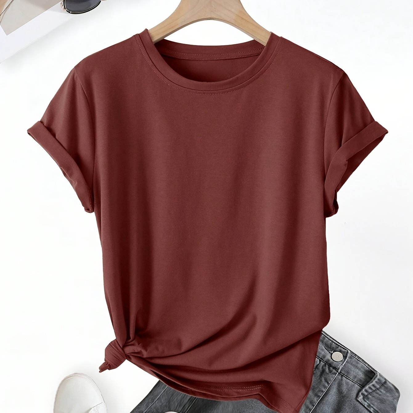 JUSTA™️Women's shorts sleeve Summer Essential 100% Polyester Short Sleeve T-Shirt - Classic Black Crew Neck for Women, Knot Detail, Machine Washable & Dry Cleanable