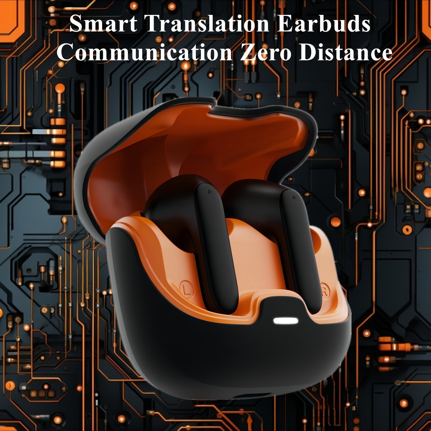BOOM BOX™️AI Translation Smart Earbuds with 140+ Language Support, ENC Noise-Canceling, Wireless TWS Headphones, Long Battery Life, Music & Call Playback - Black & Orange, Type-C Charging Case Included
