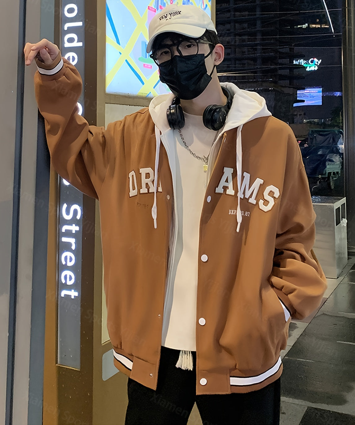 JUST JACKET™ Men's Casual Letter Print Hooded Varsity Jacket, Chic Vintage Style Thin Bomber Jacket for Spring Fall