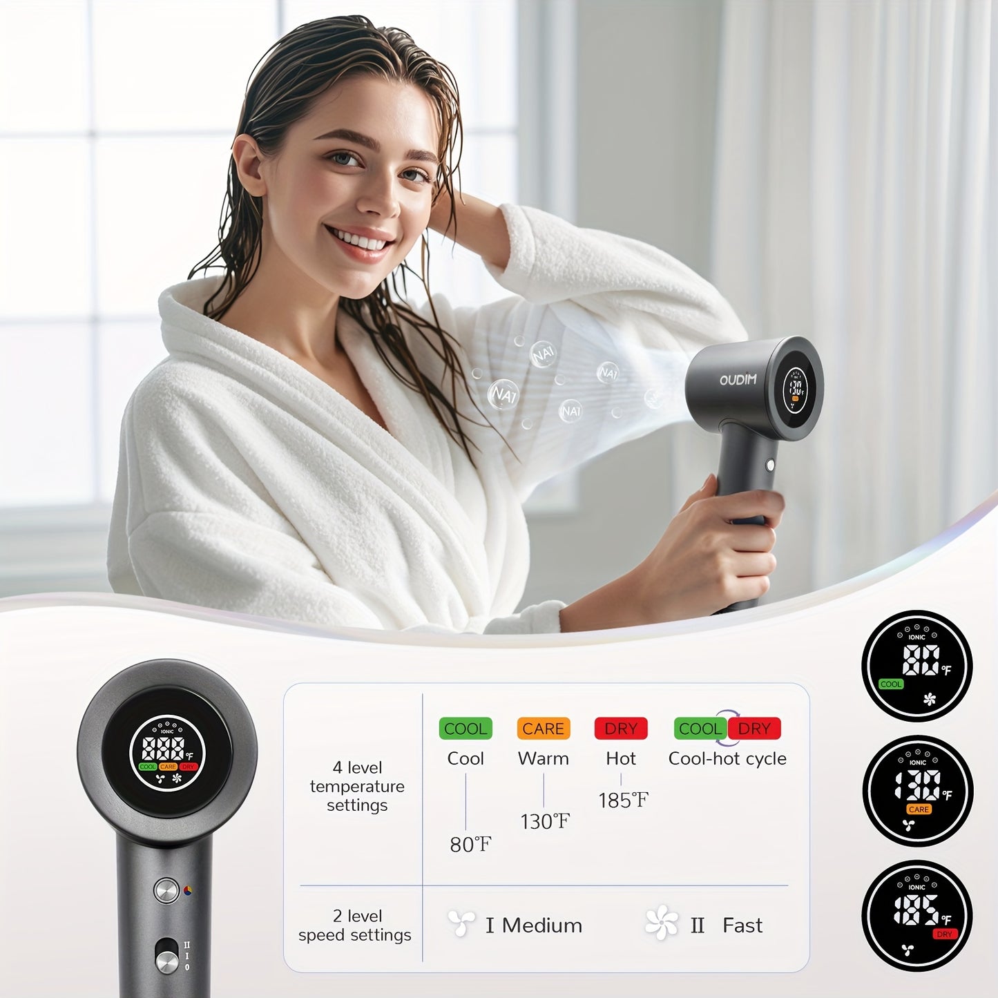 Oudif ™️Professional High-Speed Ionic Hair Dryer, 110000 RPM Brushless Motor, 4 Temperature Settings with LED Display, 2 Speed/Cold Options, Quiet Operation, Ergonomic Handle, US Plug –