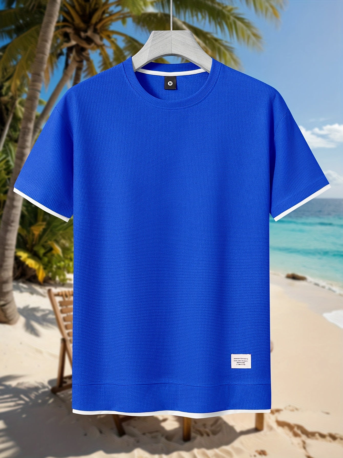 HOTOFF™️Men's Summer Casual Waffle Knit T-Shirt, 100% Polyester Crew Neck Short Sleeve Tee, Geometric Pattern, Slight Stretch, Loose Fit, 180g/m² -