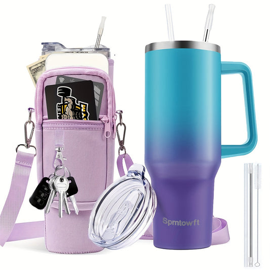TWOINONE ™ 40oz Tumbler with Handle and Straw Lid & Carrier Bag, Stainless Steel Double Vacuum Coffee baler With Purse Pouch Phone Pocket, Gym Water Bottle Travel Mug for Men Women with Sleeve Holder
