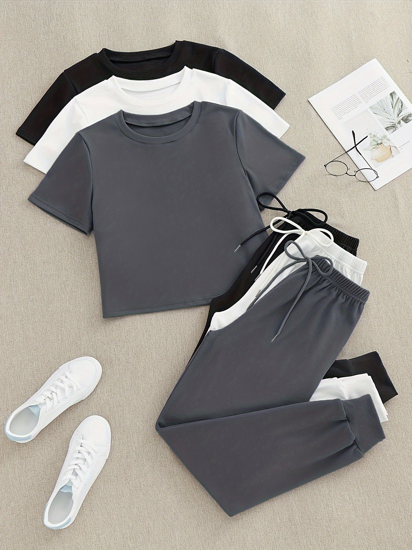 WEAR ™ 3 Sets Women's Solid Color Lounge Set, Comfortable Tee & Tie Front Pants, Relaxed Fit Casual Wear, Multiple Colors Available