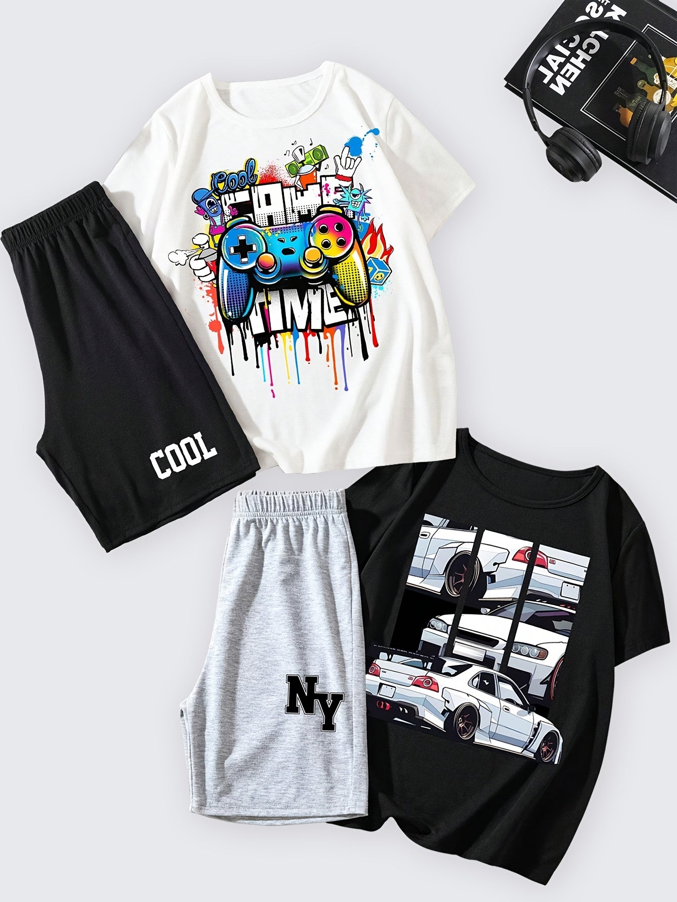 FORTH™️4pcs Boy Casual Outfit Set - Vibrant Graffiti & "COOL" Printed T-Shirts and Shorts, 100% Polyester, Round Neck, Spring/Summer Collection, Tween Boy Clothes, Perfect for Outdoor