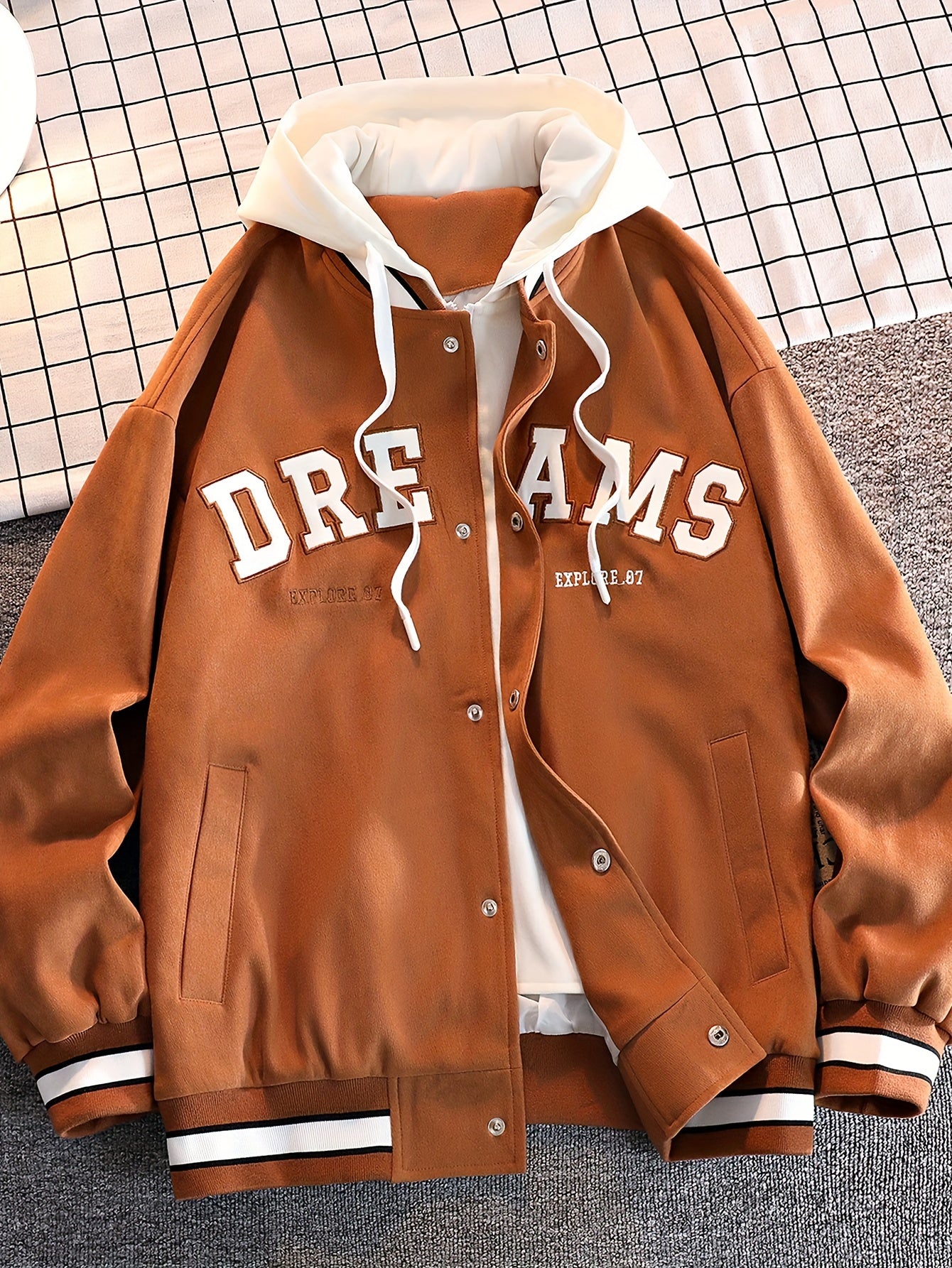 JUST JACKET™ Men's Casual Letter Print Hooded Varsity Jacket, Chic Vintage Style Thin Bomber Jacket for Spring Fall