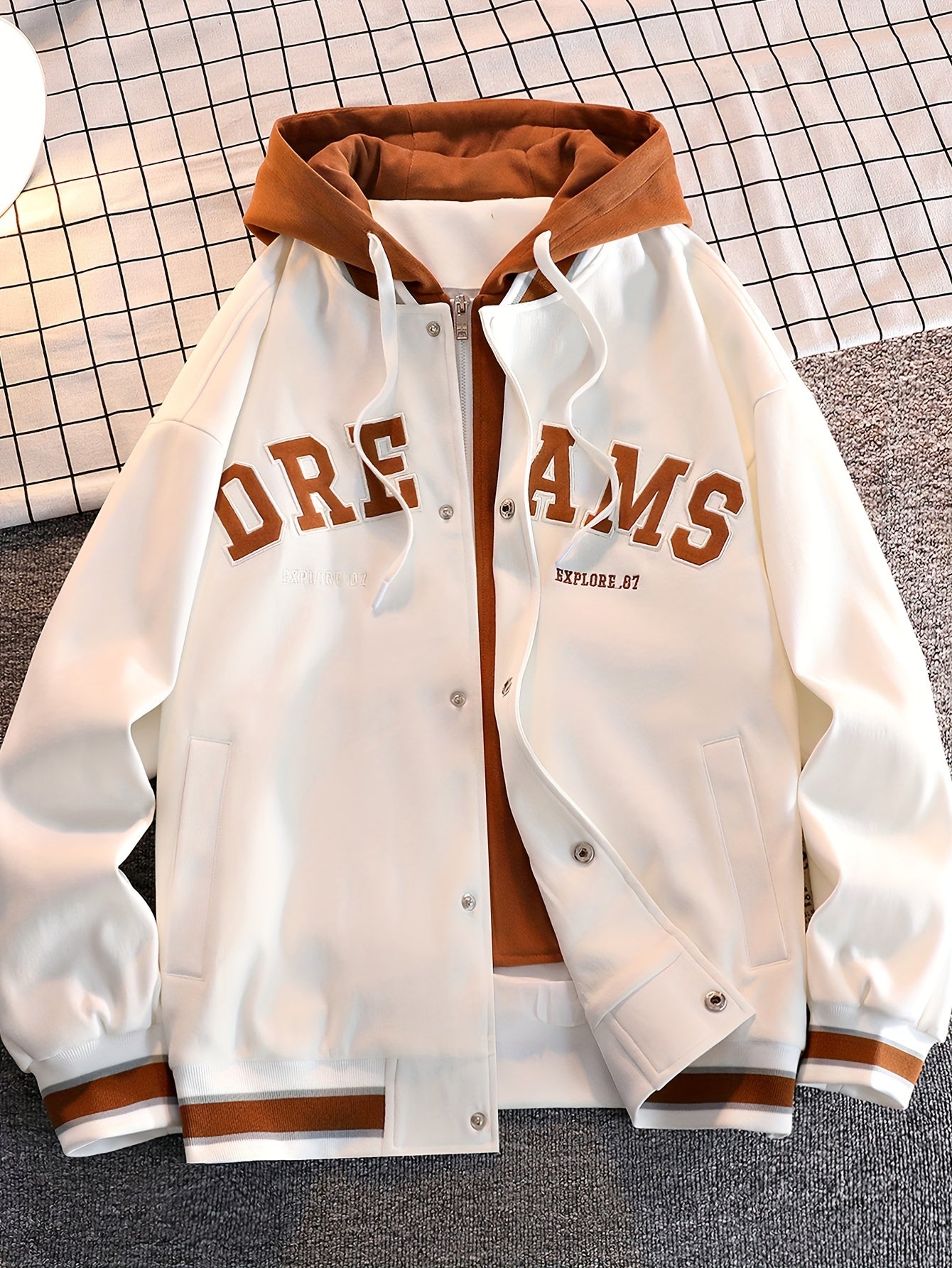 JUST JACKET™ Men's Casual Letter Print Hooded Varsity Jacket, Chic Vintage Style Thin Bomber Jacket for Spring Fall