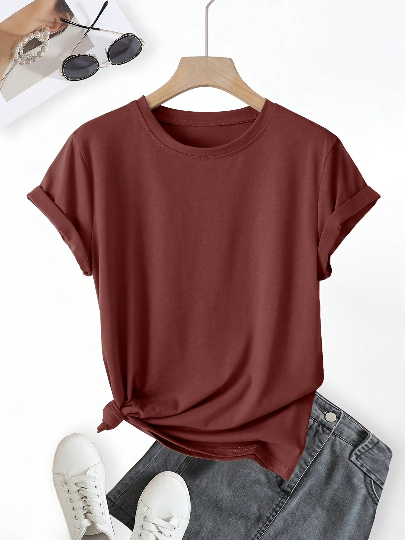 JUSTA™️Women's shorts sleeve Summer Essential 100% Polyester Short Sleeve T-Shirt - Classic Black Crew Neck for Women, Knot Detail, Machine Washable & Dry Cleanable