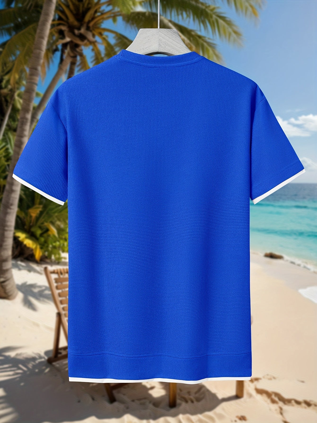 HOTOFF™️Men's Summer Casual Waffle Knit T-Shirt, 100% Polyester Crew Neck Short Sleeve Tee, Geometric Pattern, Slight Stretch, Loose Fit, 180g/m² -